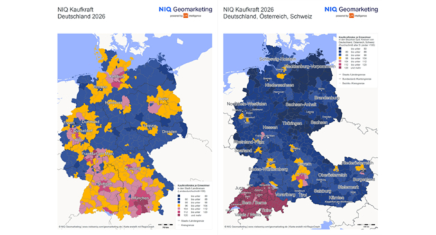 Kaufkraft in der DACH-Region: Deutschland legt am stärksten zu - Quelle: Nielsen IQ Geomarketing